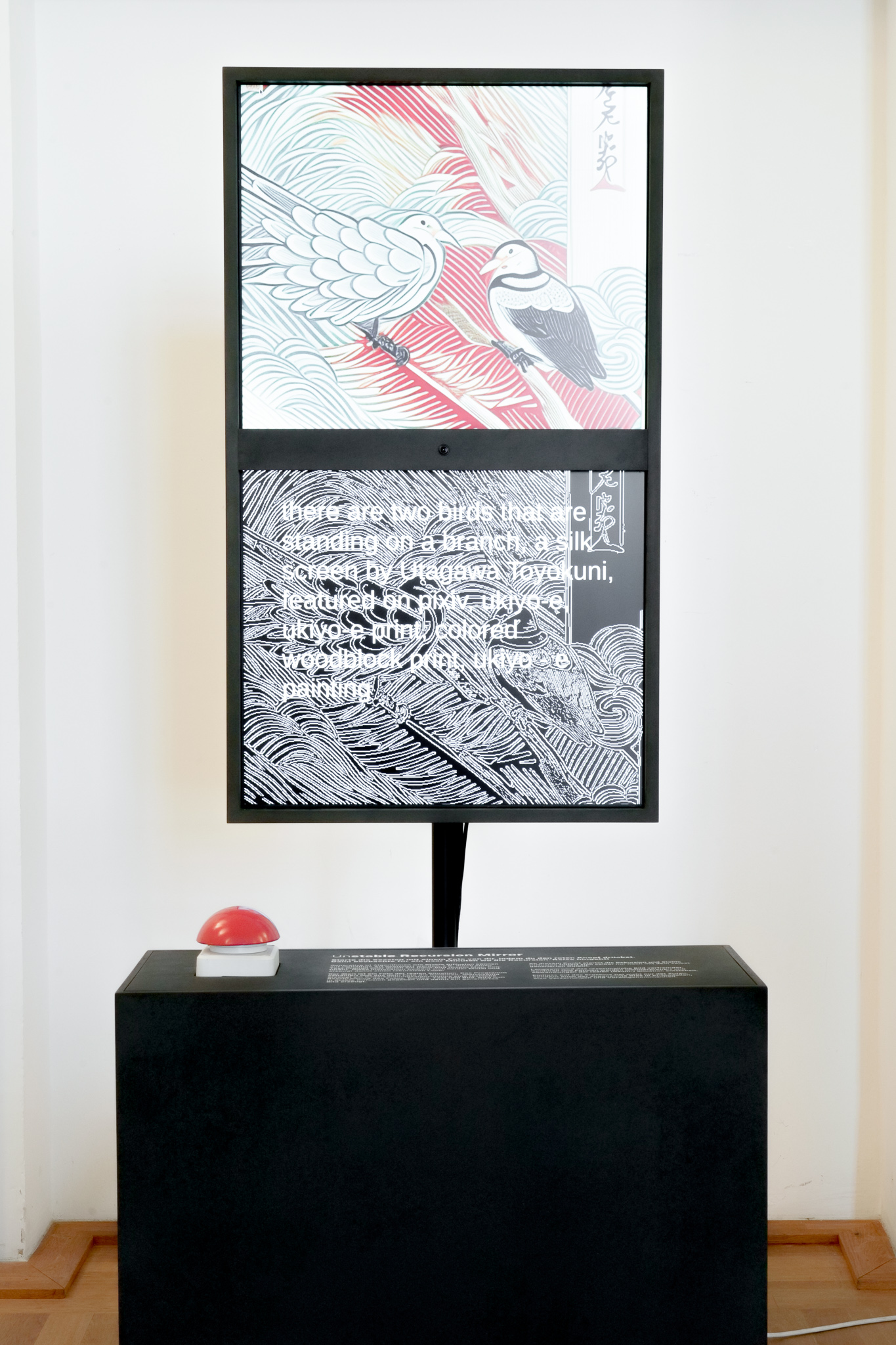 Mixed Media Installation: 60cm × 110cm custom built display frame with integrated camera, 60cm x 100cm information panel with buzzer button, AI processing pipeline based on Stable Diffusion.